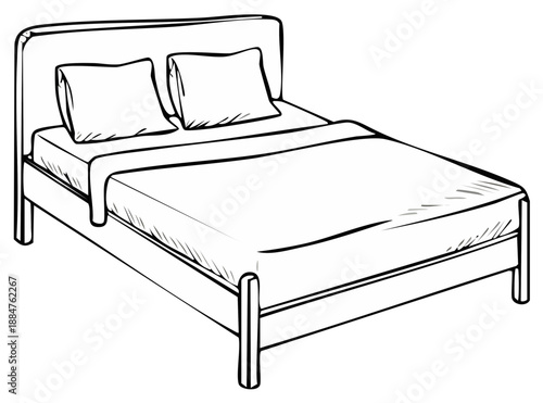 Simple modern bed with two pillows and headboard line art illustration