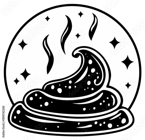 Steaming Turd Illustration in Circle with Stars: Black and White Graphic Design, Isolated Icon for Stickers
