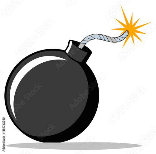 Round black bomb with lit fuse and explosion spark illustration