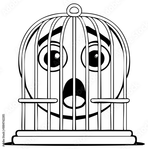 Cartoon Character in Birdcage Looking Worried with Black Outline Vector Illustration