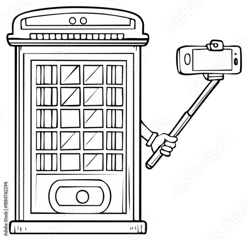 Cartoon drawing of iconic British phone booth, taking selfie with smartphone on a selfie stick.