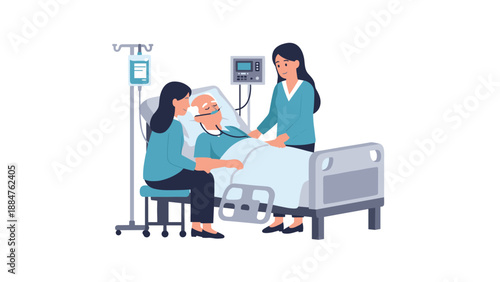 Two compassionate women providing care and comfort to an elderly man connected to medical equipment in a hospital bed, symbolizing support and recovery.