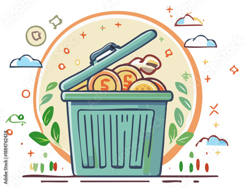 Trash Can Overflowing with Gold Coins Illustration Economic Crisis and Recession Metaphor