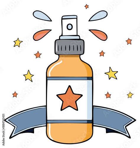 Hand-drawn spray bottle with a star label, prize ribbon, and sparkling stars