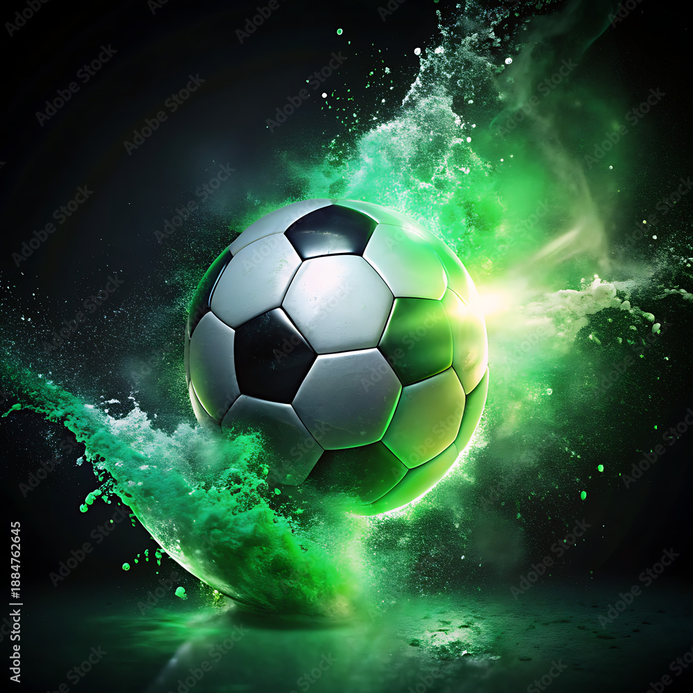 Fototapeta premium Soccer ball in green energy explosion