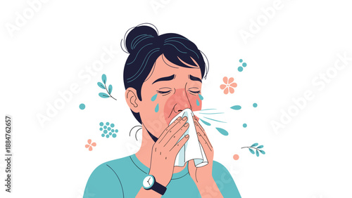 Uncomfortable woman sneezing into a tissue, with red irritation around her nose and scattered pollen and flowers, depicting severe allergy symptoms.