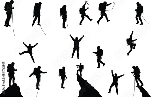 Mountain climber silhouette icons, adventure poses with gear, peak ascent moments, black vector set, cad drawing flat vector illustration