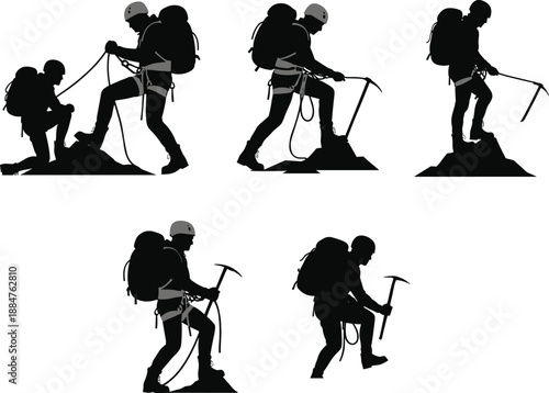 Mountain climbers, hiking silhouettes, mountaineering gear, outdoor adventure, rock climbing, extreme sport, alpine expedition, trekking, climbing equipment, exploration, flat vector illustration