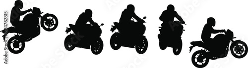 Motorcycle stunt rider performing wheelie sequence, silhouette design, extreme sport, high‑speed action, adrenaline, outdoor activity, illustration