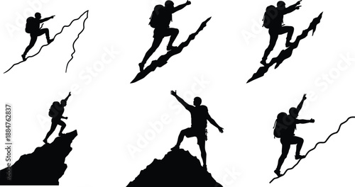 Mountain climbing silhouette, rock climbing, adventure sport, hiking challenge, summit victory, outdoor exploration, perseverance, extreme sport, trekking activity, success pose