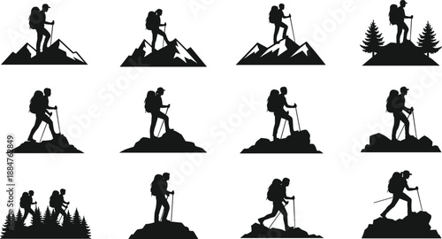 Mountain hiking silhouette collection featuring trekkers on peaks, rocky terrain, forest trails, adventure travel scenes, perfect for outdoor exploration vector design projects