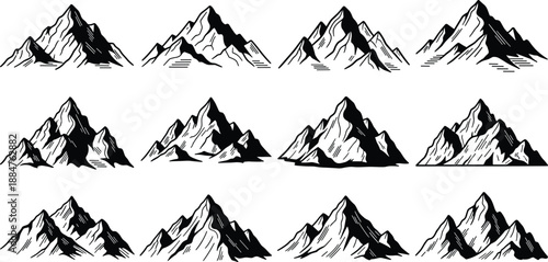 mountains, icons, silhouette, vector, illustration, black, blue, nature, peaks, cad, drawing, rugged, outdoor, graphic, design