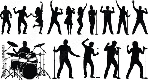 musician, silhouette, concert, singer, dancer, drummer, microphone, stage, vector, black, performance, energy, pose, music, band