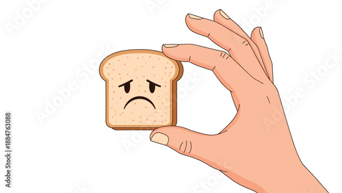 Hand gently holding a small slice of toast bread with a sad face drawn on it, symbolizing gluten intolerance, food allergy, or a restrictive diet.