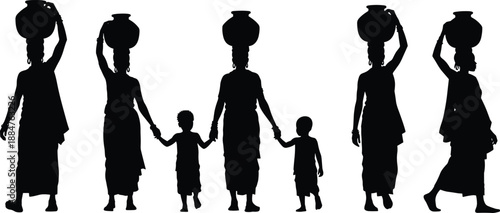 African village family silhouettes with women carrying water pots and children walking together, traditional rural life and cultural heritage scene in black vector style isolated on white background