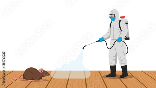 Professional in a hazmat suit and mask spraying disinfectant liquid near a brown rat on a wooden floor, illustrating pest control and sanitation efforts.