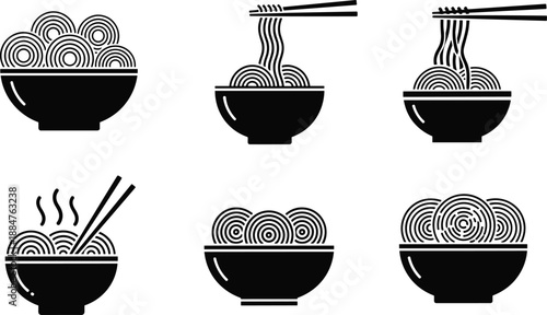 Noodle bowl icons, ramen illustration, Asian food design, chopsticks graphic, steaming noodles,
