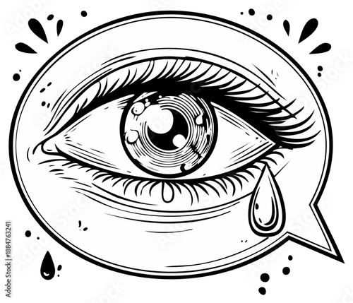 Tearful eye illustration within a speech bubble, vector graphic