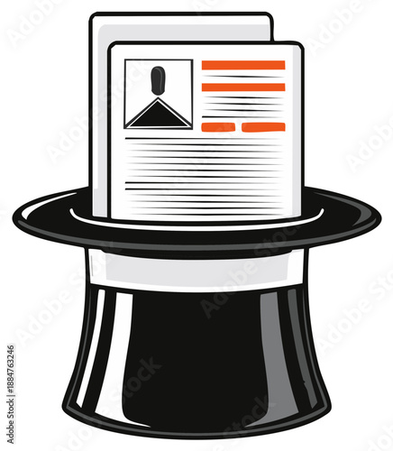 Magician's top hat with documents, stylized vector illustration for business or magic concepts