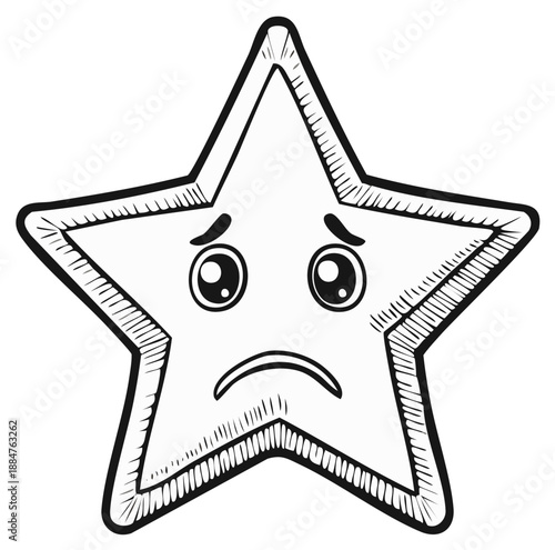Sad star character with expressive eyes and downturned mouth in a hand drawn style