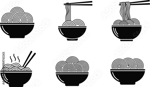 Noodle bowl vector, ramen illustration, Asian food icon, chopsticks graphic, steaming noodles,