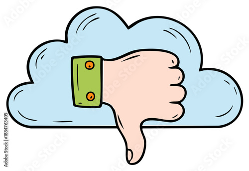 Cartoon Hand Giving Thumbs Down on Cloud Platform Symbolizing Negative Feedback