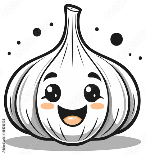 Smiling kawaii garlic cartoon character with happy expression and blush cheeks