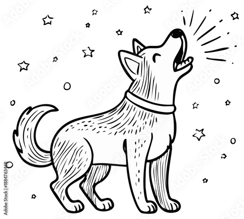 Joyful dog howling at stars, hand-drawn sketch, playful barking, animal communication