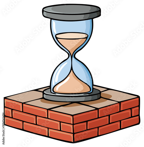 Hourglass sand timer on a solid brick foundation symbolizing time and stability cartoon vector illustration