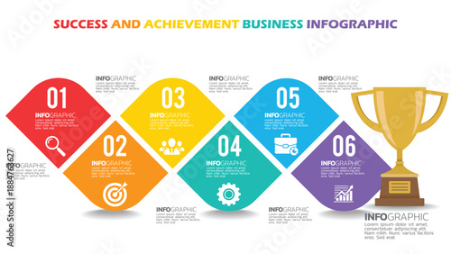 Success and Achievement Business Infographic. Vector 6-Step Diamond Timeline with Trophy Icon and Professional Icons for Strategy and Growth