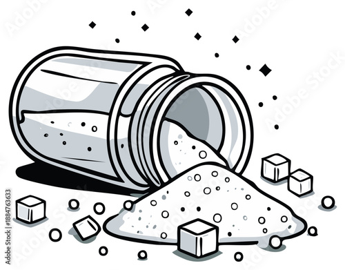 Glass jar tipped over spilling granulated sugar cubes and fine powder on a flat surface with scattered particles