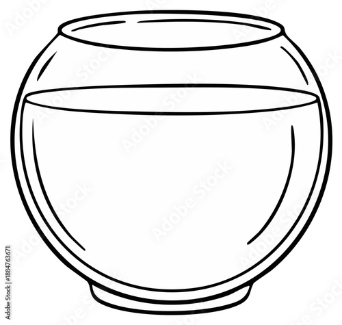 Line art illustration of an empty round glass fishbowl with water