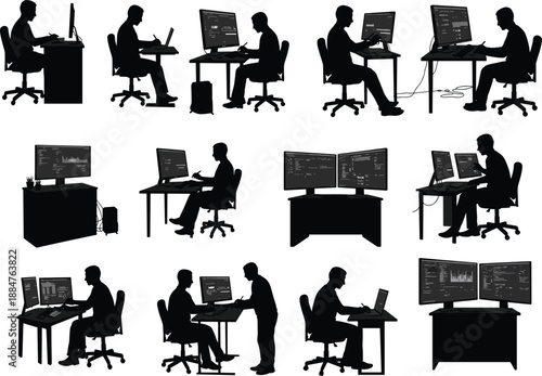 Office worker silhouette icons, computer desk and laptop poses, work from home setup set, black vector, cad drawing flat vector illustration