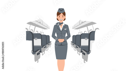 Smiling female flight attendant in a professional uniform standing confidently in the aisle of an airplane cabin, ready to assist passengers and ensure safety.