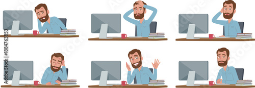 Office worker showing multiple emotions at desk with computer, books, coffee mug, workplace stress, productivity, remote work, business concept, stock photo