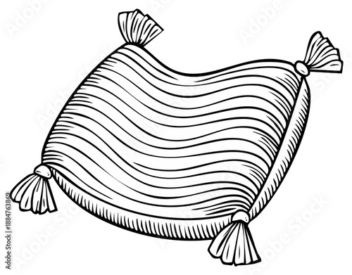 Elegant decorative cushion with corner tassels and wavy texture line art illustration
