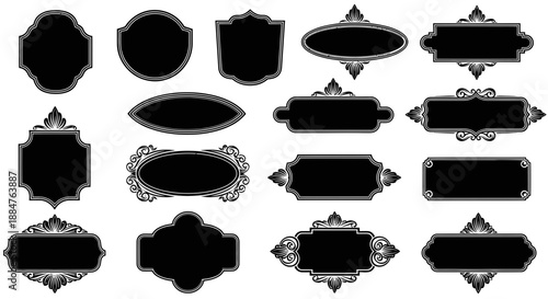 Collection of ornate black frames and labels with traditional Thai decorative borders, isolated on white background, featuring various elegant shapes and styles for design elements.