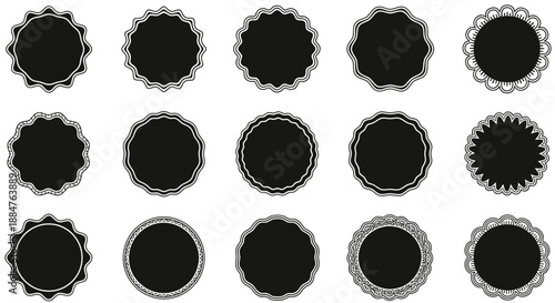 A set of fifteen black circular badges with various decorative borders and frames, Isolated on transparent background