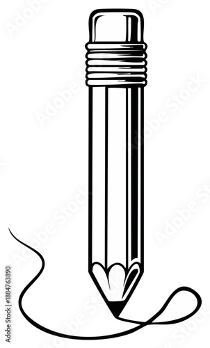 Black and white graphic of a pencil drawing a curved line