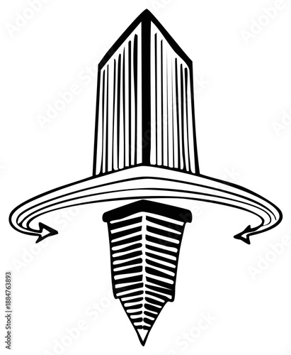Two Buildings Connected by Arrows Illustrating Upside Down Concept in Black and White