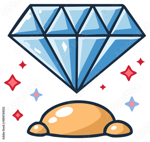Cartoon illustration of a large brilliant cut diamond above a golden structure with stars.