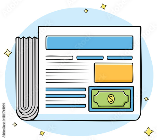 Cartoon newspaper with cash, headlines and articles. Money and news concept