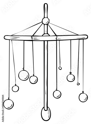 Hanging mobile art drawing, with spheres suspended from horizontal bar