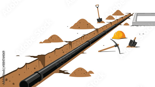 Long black pipeline laid within an excavated trench, surrounded by piles of dirt, shovels, and pickaxes, illustrating arduous underground construction work.