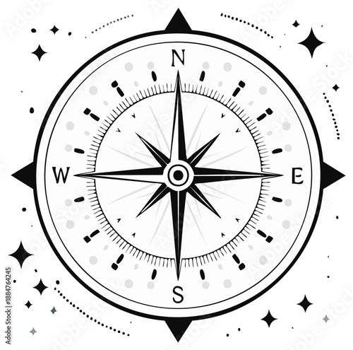 Black and white vector illustration of a compass with stars for direction and navigation, representing exploration and adventure.
