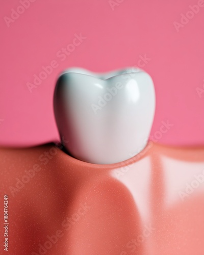 Macro Shot of Dental Crown on Porcelain Model Against Pink Background