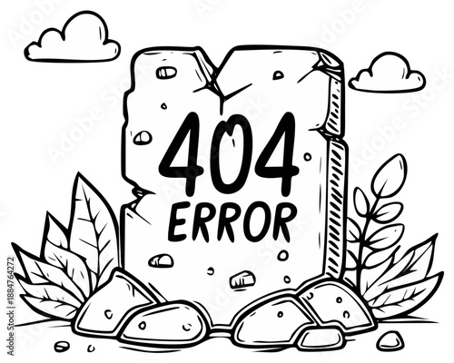 Broken stone monument displaying 404 error message surrounded by hand drawn leaves and clouds