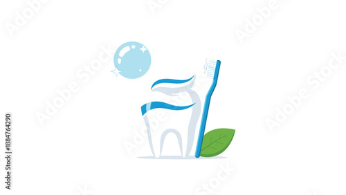 Stylized representation of a healthy tooth with toothpaste, a toothbrush, a mint leaf, and fresh bubbles, symbolizing complete oral hygiene and fresh breath.