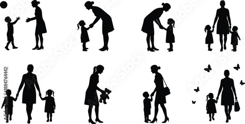 Mother, child, silhouette, parenting, bonding, nurturing, teaching, walking, playing, holding hands, caring, love, vector, illustration, family, 