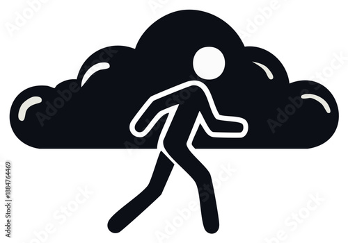 Abstract illustration of a running person under a stylized dark cloud, representing weather or technology